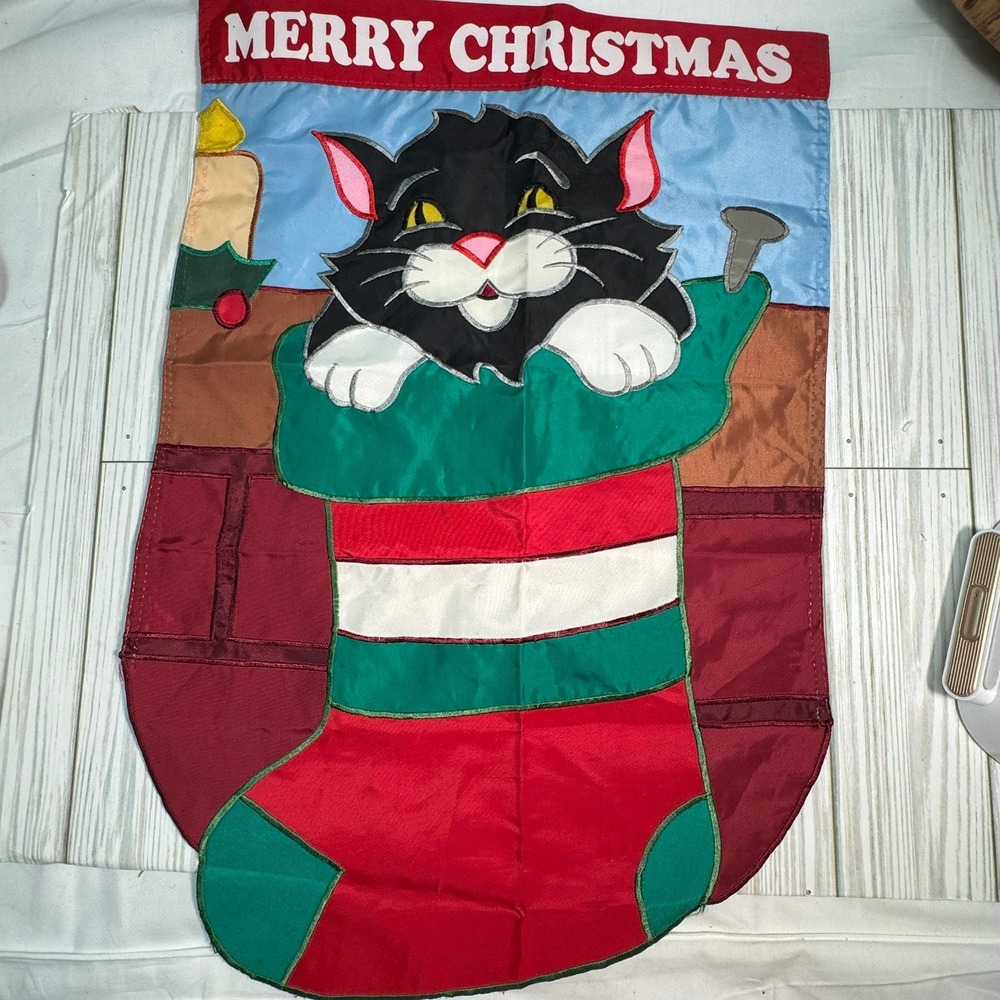Vtg Merry Christmas Tuxedo Cat Stocking Garden Flag Double Sided Holiday Yard